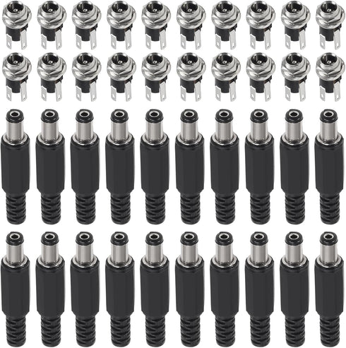 AITRIP 20 Pairs 40PCS DC Power Supply Jack Socket Female Panel Mount Connector 3-Pin 5.5 x 2.1mm with 5.5mm x 2.1mm DIY Male DC Power Plug Jack So...