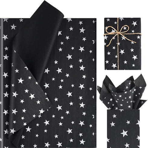 Bolsome 120 Sheets 20 * 14 Inches Black Tissue Paper with Silver Stars, Black Silver Tissue Paper for Gift Wrapping, Silver Stars Tissue Paper for...
