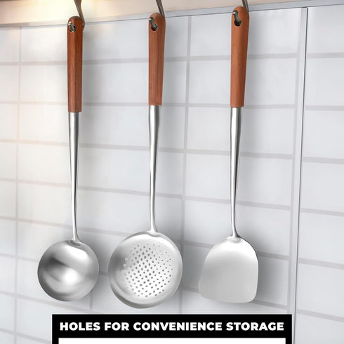 Wok Spatula and Ladle,Skimmer Ladle Tool Set, 17Inches Spatula for Wok, 304 Steel Wok Spatula...