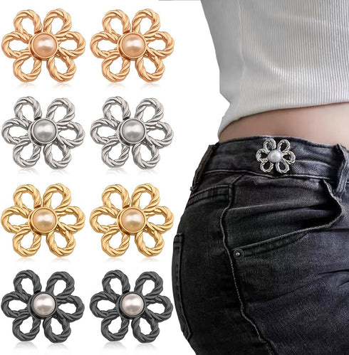 8 Sets Flower Jeans Button Pant Waist Tightener, Adjustable Waist Buckle Sets No Sew and No Tools Detachable Decorative Waist Buckles, Jean Button...