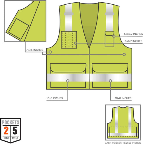 Ergodyne - 21425 GloWear 8250Z ANSI Lime Surveyors Reflective Safety Vest with Back Pocket, Large/X-Large...