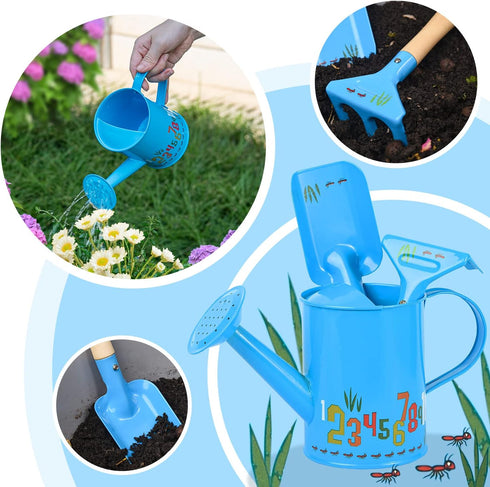 Sungmor Small Watering Can Set Cute Little Gardener Kit | Package includes 3PC Blue Number Watering Can & Trowel & Rake Gardening Hand Tools | Per...