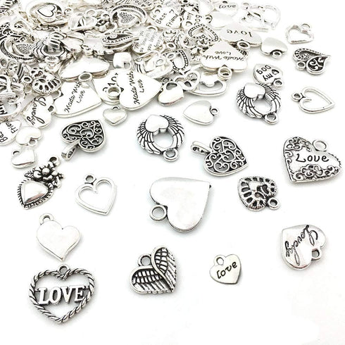 WOCRAFT 100 pcs Mix Antique Silver Heart Beads Charms for Jewelry Making Valentine's Day Wedding Heart Charms (M602-Charms)...