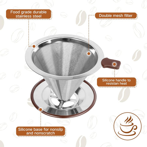 Pour Over Coffee Dripper?Reusable Stainless Steel Drip Cone Coffee Filter, Update Double Ultra Fine Micro Mesh Filter, Professional Paperless Drip...