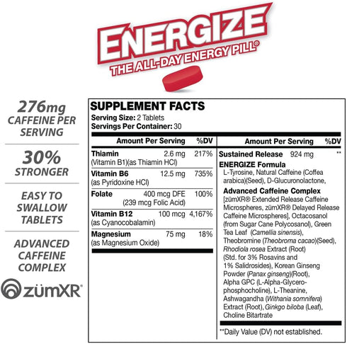 Energize Extra Strength Caffeine Pills, Fast Acting Long-Lasting Energy Pill with Extended Time Release Caffeine, Improved Clarity & Energy Suppor...