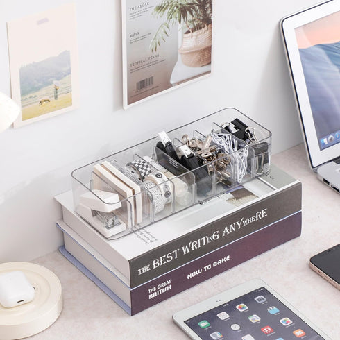 Yesesion Clear Plastic Cable Organizer Box with Adjustment Compartments, Desk Accessories Storage Case with 10 Wire Ties for Drawer, Office Suppli...