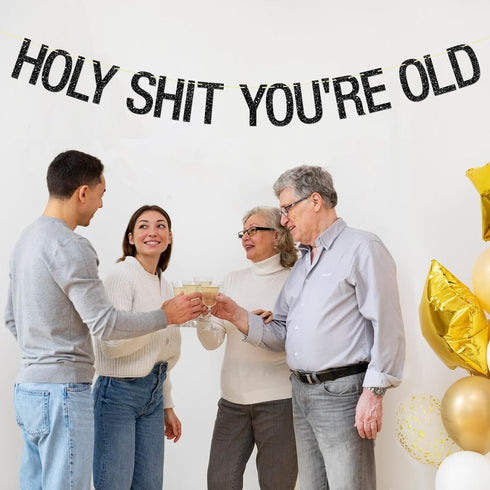 Black Glitter Holy Shit You're Old Banner - Funny 30th 40th 50th 60th 70th 80th 90th Birthday Party Decorations...