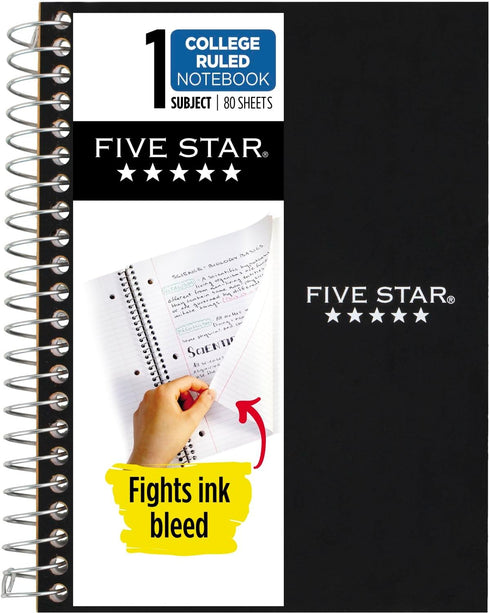 Five Star Spiral Notebook, 1 Subject, College Ruled Paper, 7" x 4-3/8", Personal Size, 80 Sheets, Black (450048AA2-ECM)...