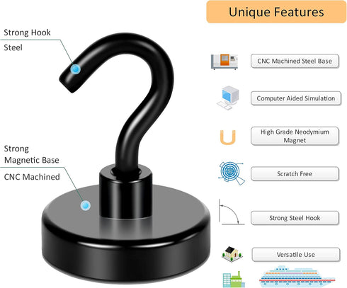 Neosmuk Black Magnetic Hooks, Strong Magnet with Hook for Fridge, Super Neodymium Extra Strength Industrial Hooks for Hanging (Matte Black,4 Pack)...