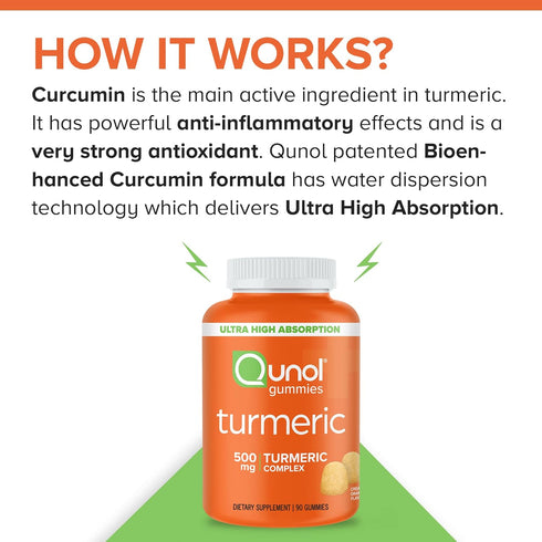Qunol Turmeric Gummies, Gummy with 500mg Turmeric Curcumin, Joint Support Supplement, Ultra High Absorption Tumeric Curcumin, Vegan, Gluten Free, ...