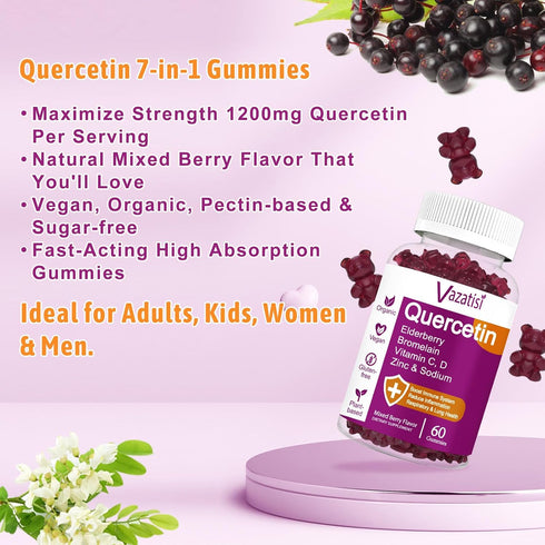 Quercetin Gummies, Organic Quercetin with Vitamin C and Zinc, Bromelain, Elderberry & Vitamin D - Immune Support - 60 Vegan Gummies Chewable...
