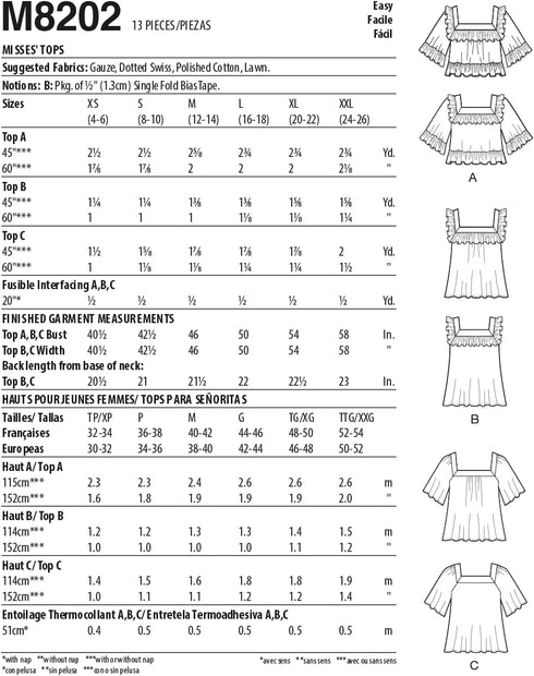 McCall's Misses' Square Neck Top Sewing Pattern Kit, Code M8202, Sizes L-XL-2XL, Multicolor...