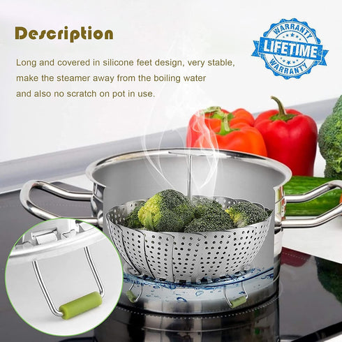 Vegetable Steamer Basket, Stainless Steel Folding Steamer, Insert for Veggie Fish Seafood Cooking, Expandable to Fit Various Size Pot(5.1" to 9")...