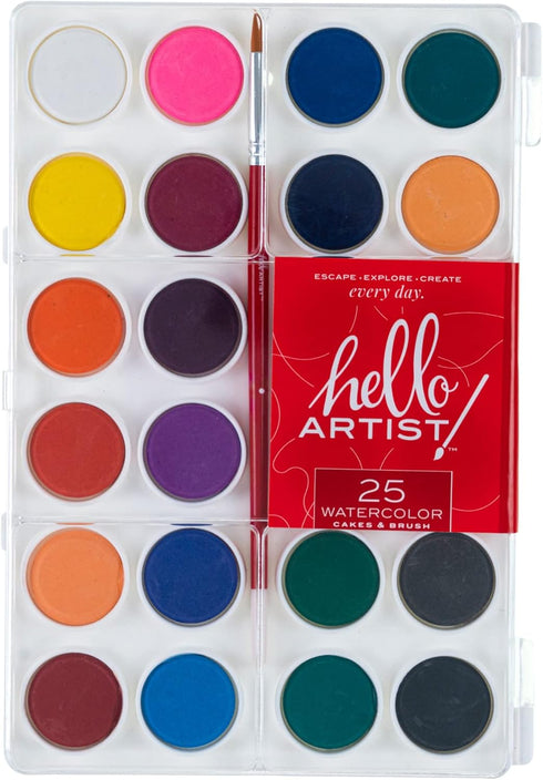 Hello, Artist! Watercolor Cake with Brush Set, Ideal for Beginners, Students, and Value-Conscious Artists, Water-Based and Vivid Colors, 24 colors...