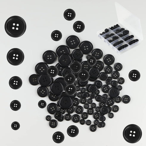 100 Pcs Black Resin Sewing Buttons, 4-Hole Craft Suit Coat Shirt Buttons, 5 Sizes, Round Mixed, with Compartment Storage Box, Suitable for Sewing,...