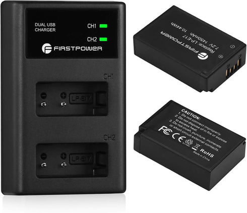 FirstPower 2-Pack LP-E17 Battery and Dual USB Charger Compatible with Canon EOS RP, Rebel T6i, T7i, T8i, T6s, SL2, SL3, M3, M5, M6, 200D, 77D, 750...