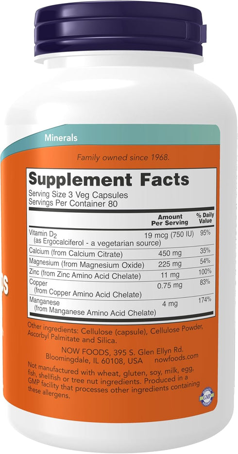 NOW Supplements, Calcium Citrate with Vitamin D, Magnesium, Zinc, Copper, and Manganese, 240 Veg Capsules...