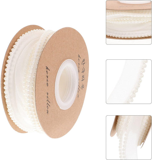 COHEALI Gift Wrapping Pearls Ribbon Artificial Pearl Bead Ribbon Chiffon Ribbon Organza Lace Flower Ribbon Beads Trims for Gift Wrapping Floral Bo...