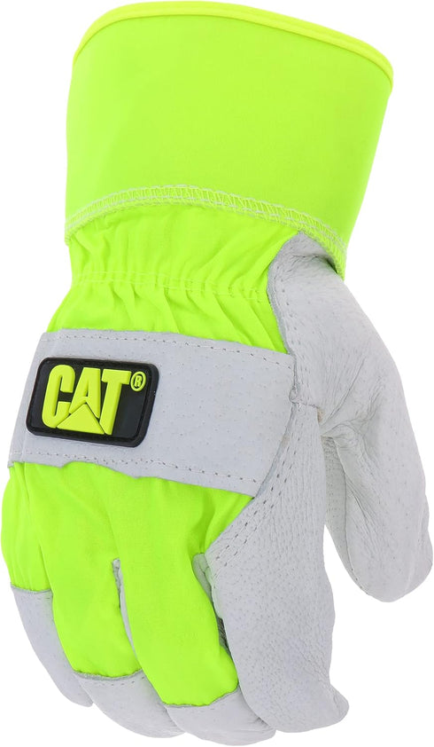 CAT® CAT013103L Pigskin Palm Gloves – Neon green, Large, Gunn-Cut, High-Vis Leather Gloves with Rubberized Safety Cuffs...