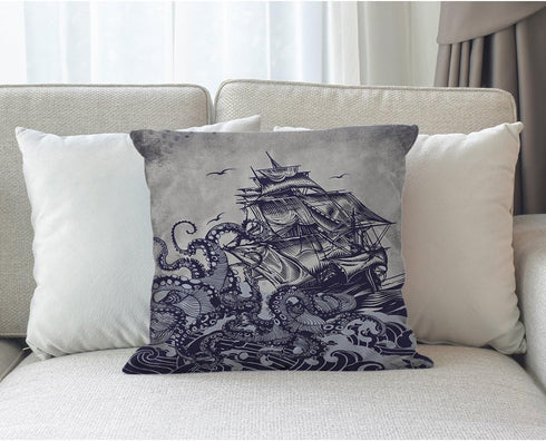 Kraken Pillow Cover Vintage Sail Boat Ocean Waves Octopus Throw Pillow Case 18 x 18 Inch Home Textile European Style Cotton Linen Cushion Cover fo...