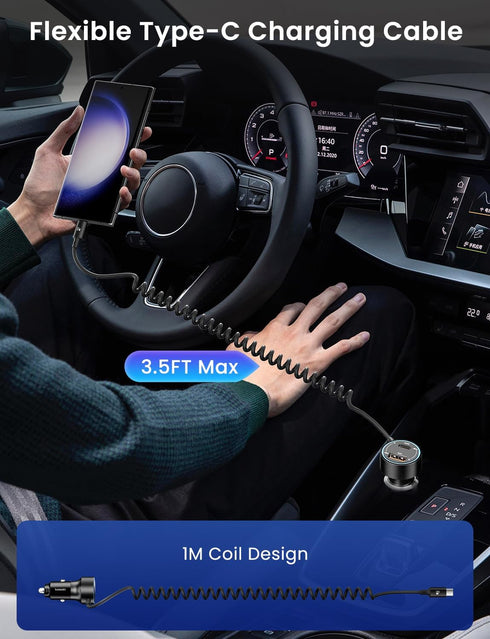 60W Car Charger USB C,toocki 3-Port Cigarette Lighter USB Charger PD & QC3.0 with 30W Type C Coiled Cable,Fast Car Charger Adapter for iPhone 15/P...