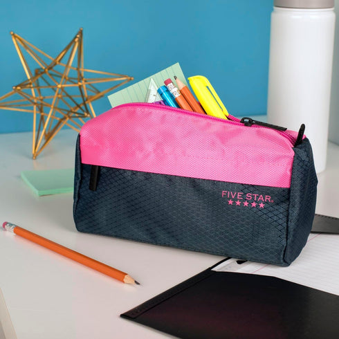 Five Star Pencil Pouch, Pen Case, Storage Organizer for School Supplies Earbuds Chargers Cables Makeup, 9-Pocket, Navy/Pink (505600B-ECM)...