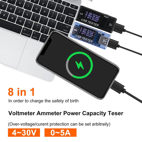 2pcs 8 in 1 USB Tester 10V 3A Voltage Current Tester Voltmeter Capacity Current Meter Digital Multimeter Current Tester Voltage Detector(Black+Blu...