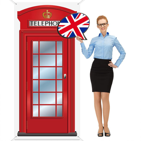 English Phone Booth Door Cover, Large Fabric Red Telephone Box Door Cover Home Jointed Phone Box Decor Banner for Photo Backdrop British Internati...