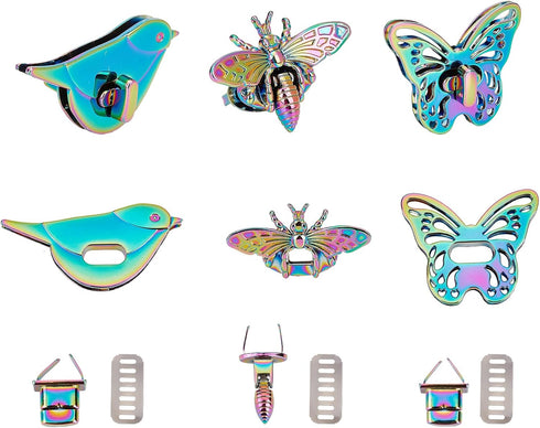 WADORN 3 Sets Purse Twist Lock Clasp, Rainbow Turn Lock Clip Hardware Purse Clutch Closure Metal Handbag Twist Lock Fastener Butterfly/Bee/Bird Sh...