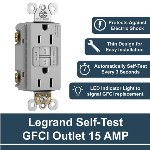 Legrand radiant 1597TRGRYCCD4 15 Amp GFCI Self Test Tamper Resistant Decorator Duplex Outlet, Gray (1 Count)...