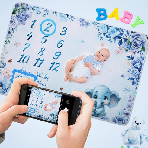 Elephant Baby Monthly Milestone Blanket, 60 x 40 Inch Soft Flannel Baby Blanket with Baby Bib Marker Frames for Newborn Baby Boy Monthly Photo Bac...