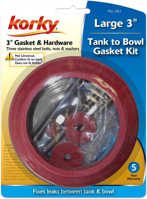 Korky 481BP Universal Toilet Tank To Bowl Gasket & Hardware Kit - Fits Most 3-Inch, 2-Piece Toilet Tanks - Made in USA , Red , Large (3")...