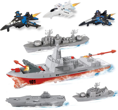 Military Naval Vessel Naval Ship with Launching Cruise Missile and Battle Ship Group, Small Scale Pull Back Fighter Jet, Ideal Gift Army Toys Set ...