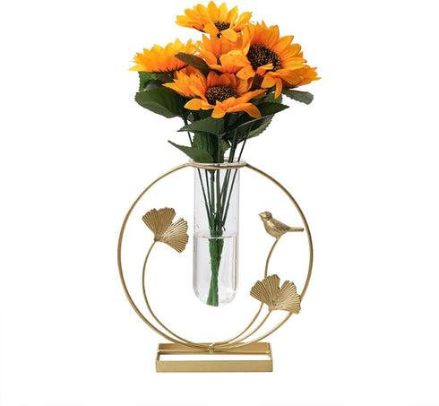 Home Decor Gold Flower Vase, Desktop Glass Vase with Gold Metal Ginkgo Leaf Stand, Hydroponics Plant Propagation Stations,Decorations for Living R...