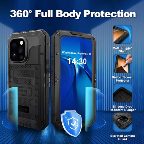 Mitywah Waterproof Case for iPhone 14 Pro Max, Heavy Duty Metal Case with Built-in Screen Protector, Military Grade Drop Protection Full Body Alum...