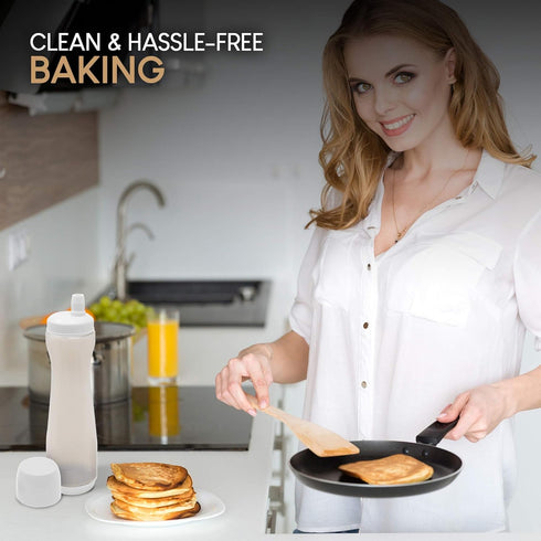 Pancake Batter Dispenser Pen, Easy Squeeze Bottle Baking Drip Proof Silicone Nozzle and Measurement Marker Plastic Condiment Bottles Pancakes, Waf...