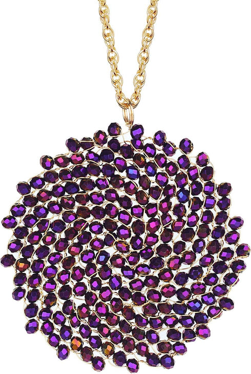 Long Pendant Necklace for Women - Womens Handmade Long Statement Beaded Crystal Large Disc Circle Pendant Gold Plated Sweater Chain Boho Necklaces...