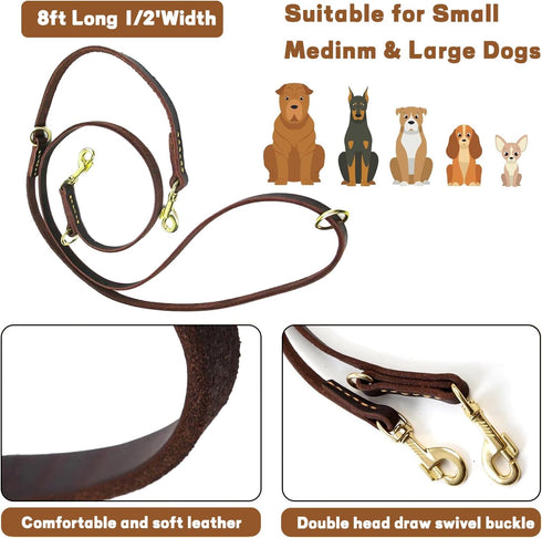 Leather Dog Leash - 8FT Multi Function Genuine Leather Leash for Dogs, Hands Free Dog Training Leash, Adjustable Slip Lead Dog Leash for Small, Me...
