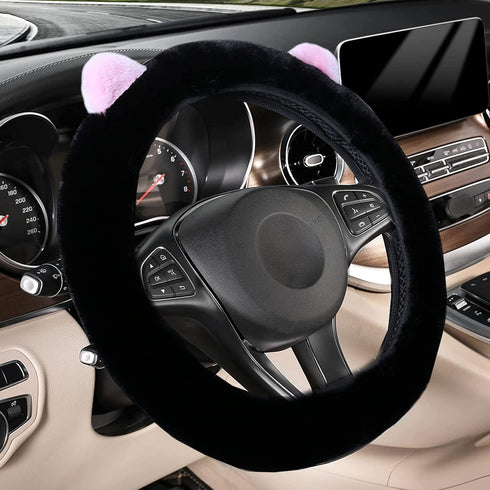 Cartoon Cute Fluffy Steering Wheel Cover for Women Girls,JXJKMMN Furry Ear Steering Wheel Cover Winter Warm Fuzzy Car Steering Wheel Cover Lovely ...