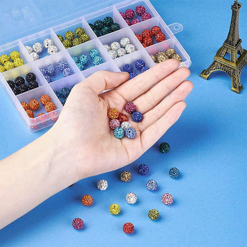 Beadthoven 1Box/150pcs 10mm 15 Colors Pave Czech Crystal Rhinestone Clay Spacer Beads Round Polymer Disco Ball Beads Charms for DIY Bracelet Earri...