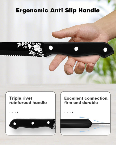 Stapava Steak Knives Set of 8, Stainless Steel Steak Knife Set Black, Sharp Serrated Dinner Knives Matte with Laser Pattern for Kitchen Restaurant...