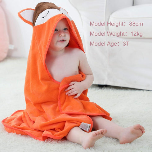 MICHLEY Animal Hooded Baby Towel Washcloth, Toddler Premium Cotton Absorbent Bathrobe for Girls Boys 0-6T (Fox)...