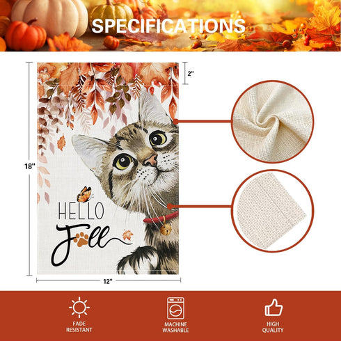 Fall Cat Garden Flags 12x18 Inch Double Sided, Hello Fall Cat Maple Small Yard Flags Seasonal Decorations for Outdoor...