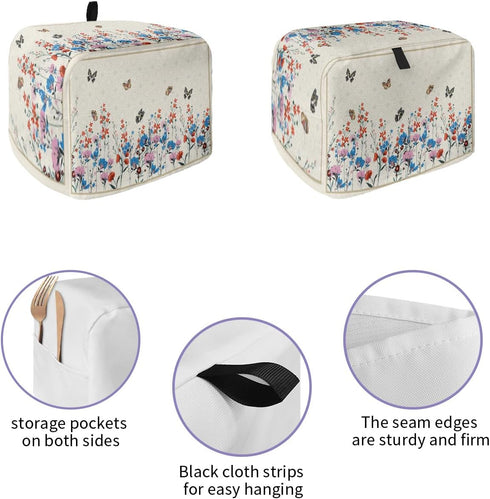 2 Slice Toaster Cover, Bread Machine Cover Spring Pink Blue Flower Butterfly Rustic Kitchen Appliance Dust Cover with Top Handle Fingerprint Prote...
