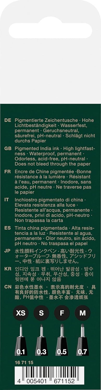 Faber-Castell Pitt Artist Pen 167115 India Ink Pens Pack of 4 M F S XS Black...
