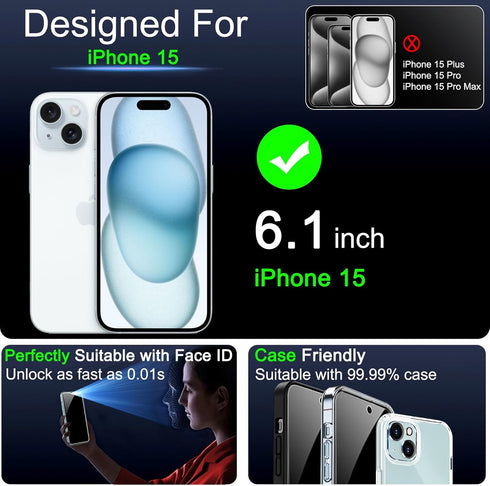 IMBZBK 4 Pack Privacy Screen Protector for iPhone 15 Tempered Glass with 4 Pack Camera Lens Protector, Accessories 9H Anti Spy, 2.5D Curved, Case ...