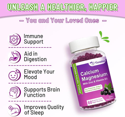 High Absorption Calcium Magnesium Zinc Gummies, Sugar Free Calcium Magnesium Supplement with Potassium Vitamin D3 for Bone & Teeth Strength, Muscl...
