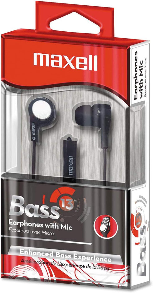 Maxell 199621 B-13 Bass Earbuds with Microphone, Black, 52-Inch Cord...