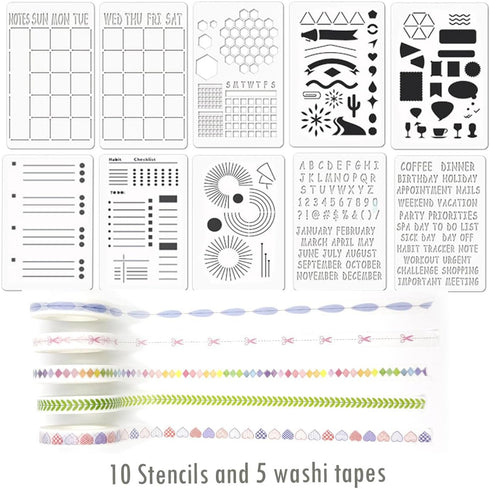 Journal Supplies Compatible with Bullet Dotted Journal, 10 Stencils 14 Planner Calendar Stickers Journaling Accessories, 6 Dual Tip Highlighters, ...