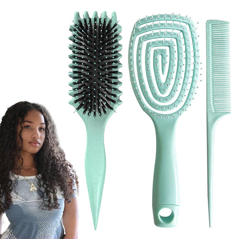 Curl Defining Brush, Boar Bristles Curly Hair Brush With Detangling Brush Styling Comb Curling Brush 3pc Set Curl Defining Brush For Curly Hair De...